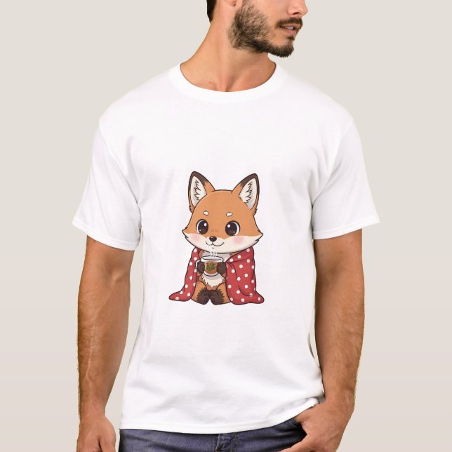 Camiseta Cute Cartoon Fox Wrapped in Red Polka Dot Blanket  (Frente)