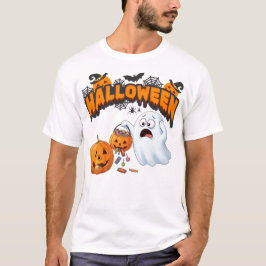 Camiseta Cute Cartoon Ghost and Spilled Candy Pumpkin