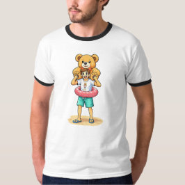 Camiseta Cute Cartoon Man with Giant Teddy Bear Summer Fun