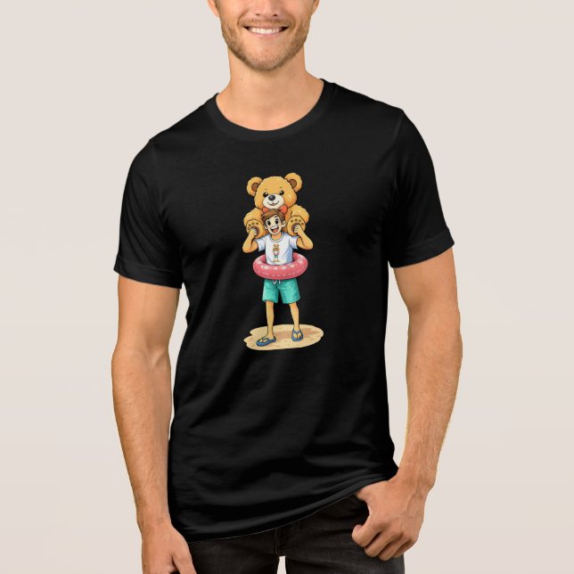 Camiseta Cute Cartoon Man with Giant Teddy Bear Summer Fun (Frente)