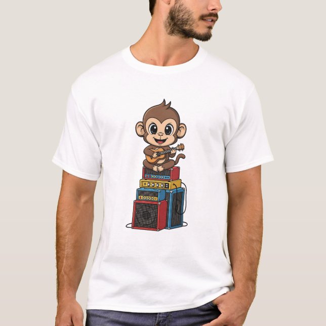 Camiseta Cute Cartoon Monkey Musician Playing Ukulele (Frente)