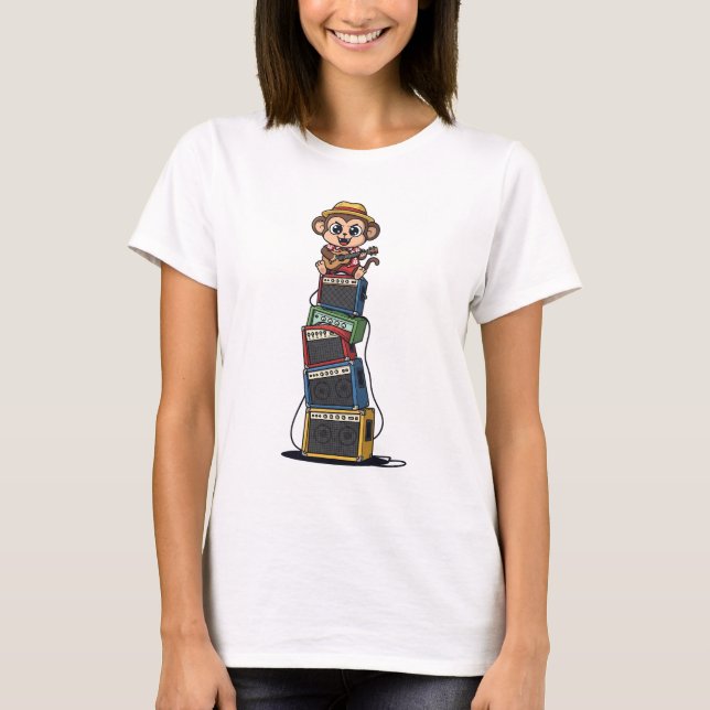 Camiseta Cute Cartoon Monkey Rocker Playing Ukulele (Frente)