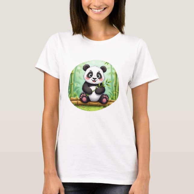 Camiseta Cute Cartoon Panda on Bamboo Patch (Frente)