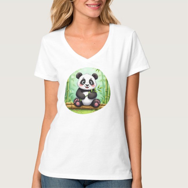 Camiseta Cute Cartoon Panda on Bamboo Patch (Frente)