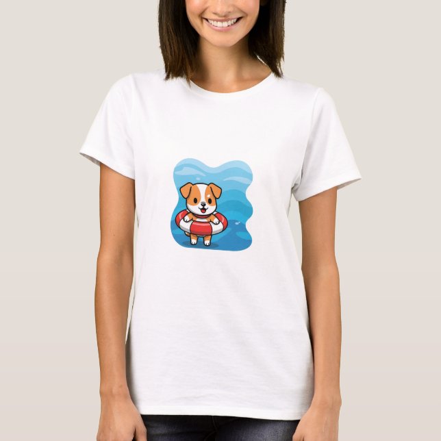 Camiseta Cute Cartoon Puppy Floating in Lifebuoy (Frente)