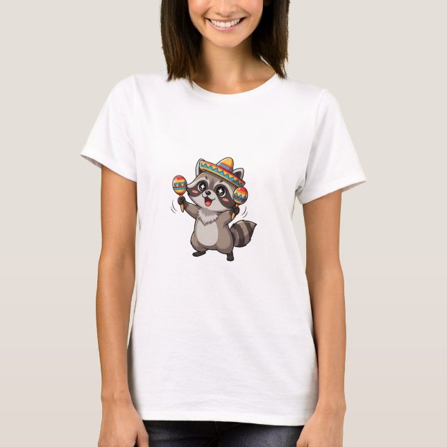 Camiseta Cute Cartoon Raccoon Playing Maracas with Sombrero (Frente)