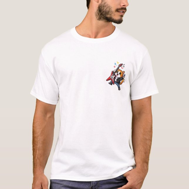 Camiseta Cute Cartoon Rockstar Cat Playing Red Electric (Frente)