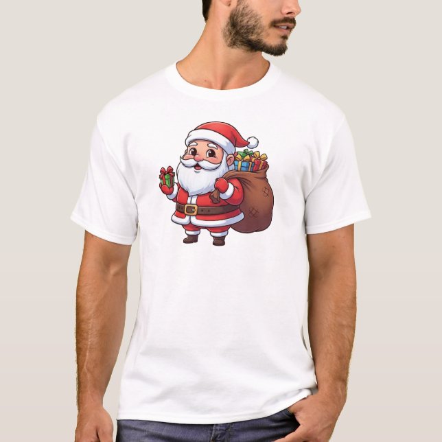 Camiseta Cute Cartoon Santa Claus Holding Gift with Sack   (Frente)