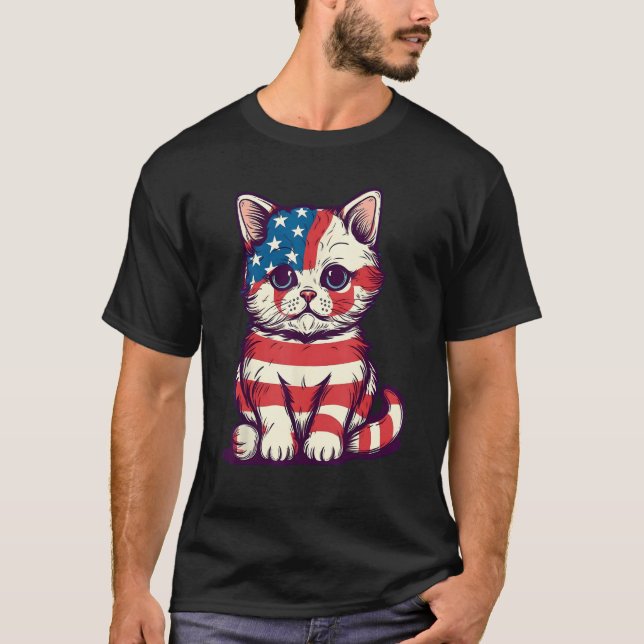 Camiseta Cute Cat 4th Of July Hat Patriotic American Flag P (Frente)