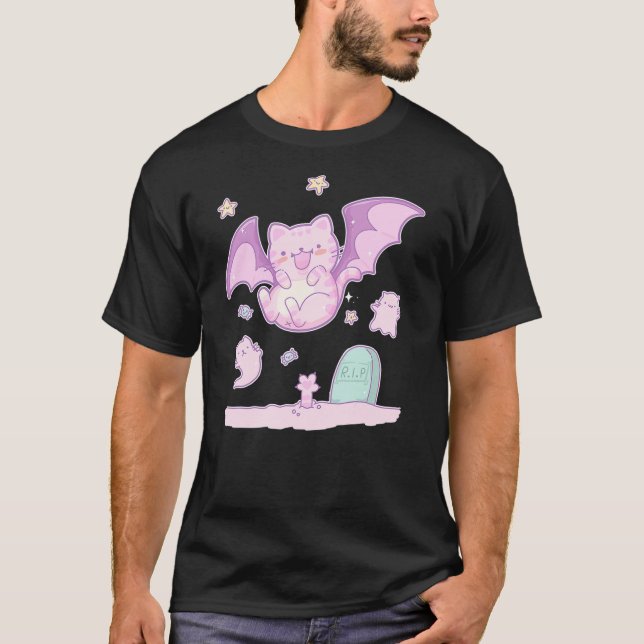Camiseta Cute Cat Bat & Ghosts Goth Pastel Kawaii Halloween (Frente)