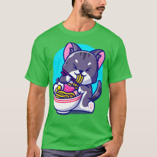 Camiseta Cute Cat Eating Ramen Noodle With Chopstick Cartoo