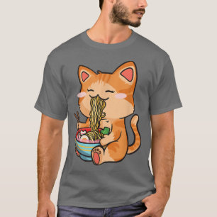 Camiseta Cute Cat Eating Ramen - Otaku Manga Kawaii Cat Ani
