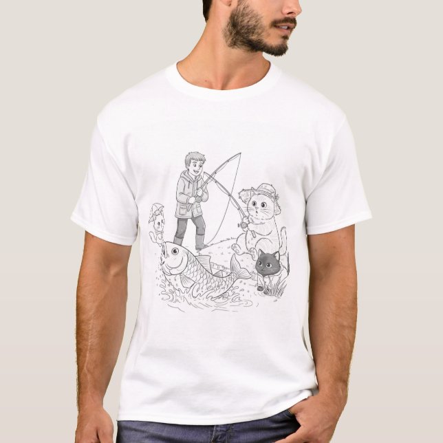 Camiseta Cute Cat Fishing Adventure Boy and Cats  (Frente)