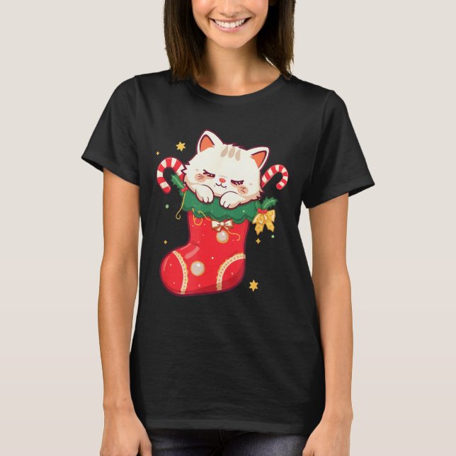 Camiseta Cute Cat In Christmas Stocking Kawaii Anime Xmas G (Frente)