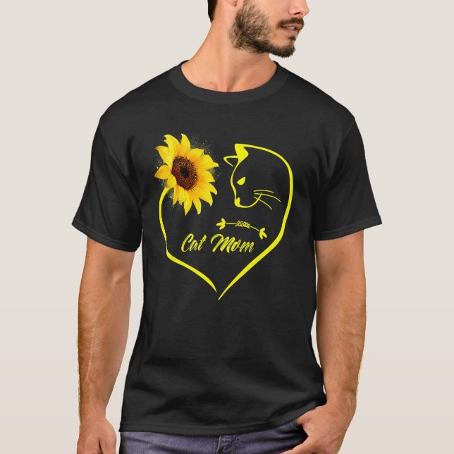 Camiseta Cute Cat Mom Sunflower Heart Love Mothers Day  Cat (Frente)