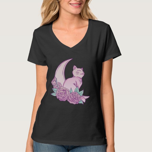Camiseta Cute Cat Moon Roses Pink Animal Fur Cool Purr Bree (Frente)