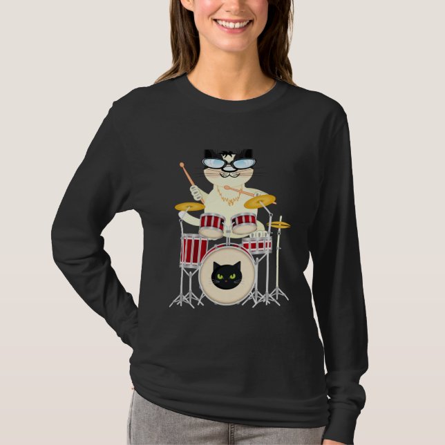 Camiseta Cute Cat Playing Drum Drums & Cats   Drummer (Frente)