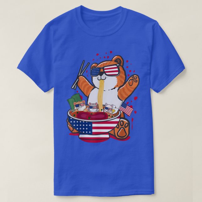 Camiseta Cute Cat Ramen With American USA Flag Pattern  (Frente do Design)