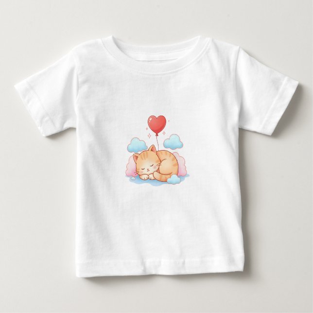 Camiseta Cute Cat Sleeping with Heart Balloon  (Frente)