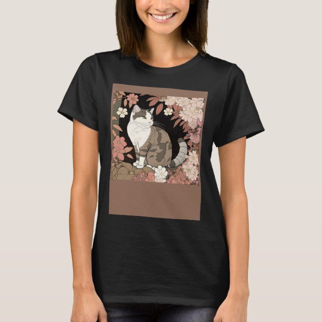 Camiseta Cute Cat Watercolor Botanical Garden Aesthetic Cat (Frente)