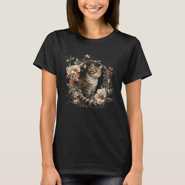 Camiseta Cute Cat Watercolor Botanical Garden Aesthetic Cat (Frente)