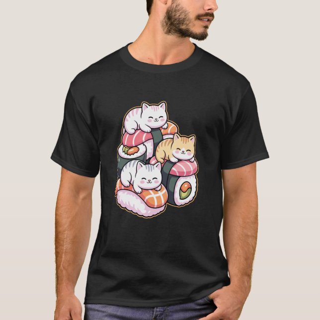 Camiseta Cute Cats on Sushi Kawaii Art Food Lover (Frente)