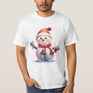 Camiseta Cute Cheerful Snowman Wearing Santa Hat and Scarf