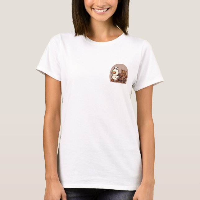 Camiseta Cute Chef Duck Pulling Wooden Bread Cart Illustrat (Frente)