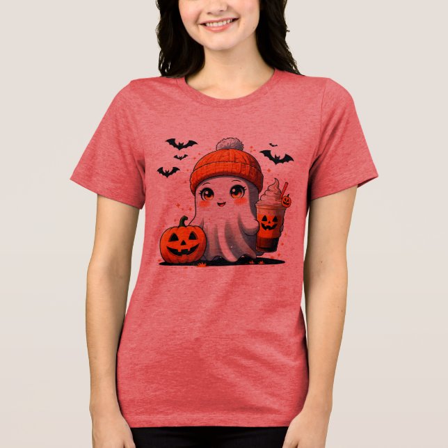 Camiseta Cute Chibi Ghost with Beanie and Iced Coffee - Aut (Frente)
