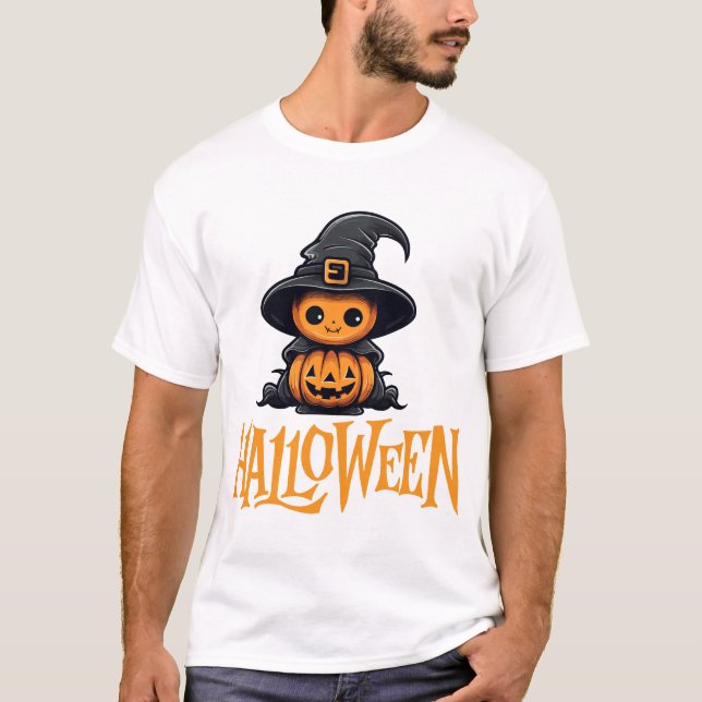 Camiseta Cute Chibi Pumpkin Witch Hat Halloween Graphic (Frente)