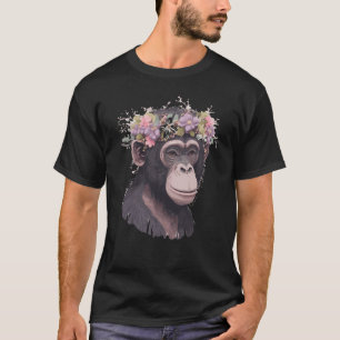 Camiseta Cute Chimp Chimpanzé Coroa de Flores Floral Macaco