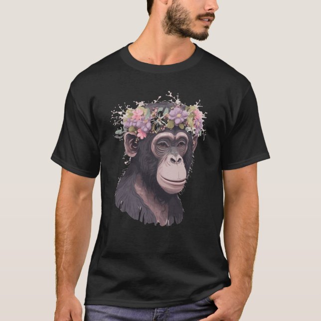 Camiseta Cute Chimp Chimpanzé Coroa de Flores Floral Macaco (Frente)