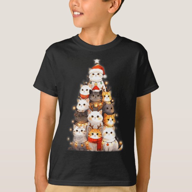 Camiseta Cute Christmas Cats Tree Lights Holiday Kittens Il (Frente)