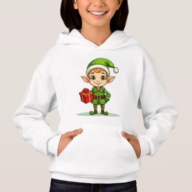 Camiseta Cute Christmas Elf with Gift – Holiday Hoodie (Frente)
