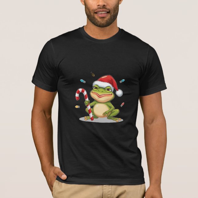 Camiseta Cute Christmas Frog With Candy Cane - Funny Holida (Frente)