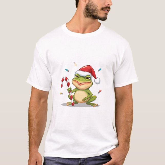 Camiseta Cute Christmas Frog With Candy Cane - Funny Holida (Frente)
