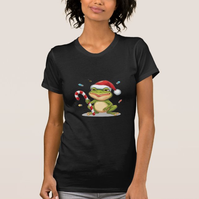 Camiseta Cute Christmas Frog With Candy Cane - Funny Holida (Frente)
