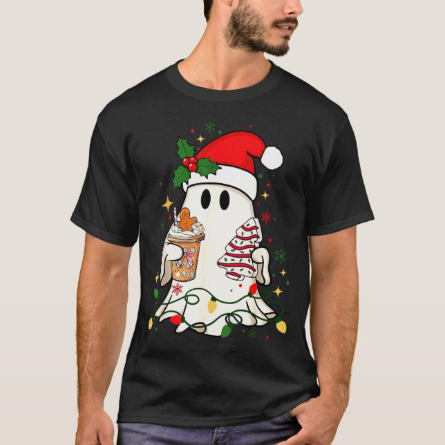 Camiseta Cute Christmas Ghost Coffee Tree Cake Xmas Lights  (Frente)