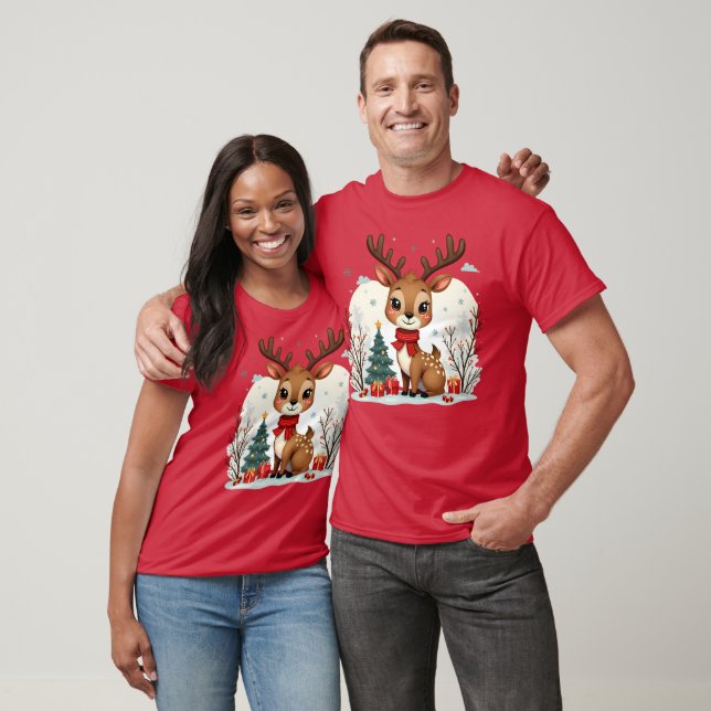 Camiseta Cute Christmas Reindeer Scene Snowy Forest (Unissex)