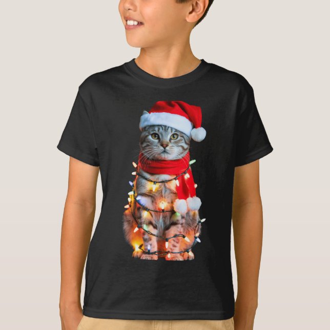 Camiseta Cute Christmas Tabby Cat In Lights Santa Hat For K (Frente)