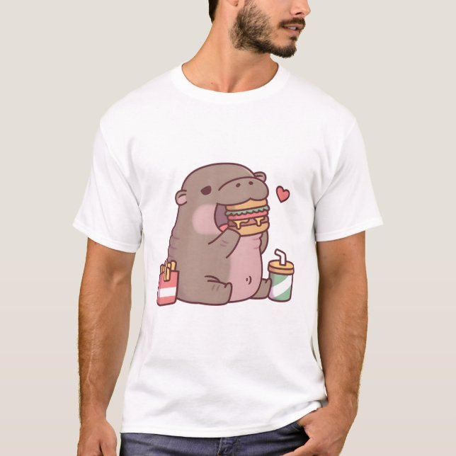 Camiseta Cute Chubby Pygmy Hippo ama Comer Burger (Frente)