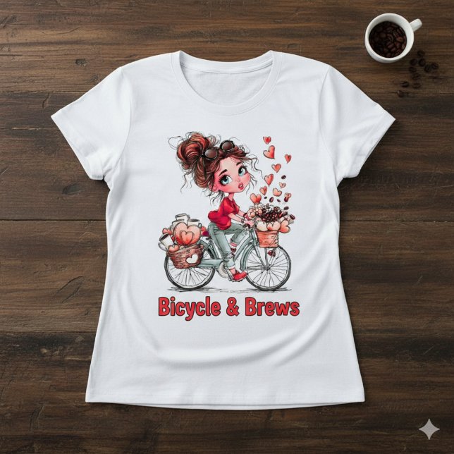 Camiseta Cute Coffee Girl on Bicycle – Romantic Heart  (Criador carregado)