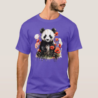 Camiseta Cute Colorful panda in a field of Wild flowers and