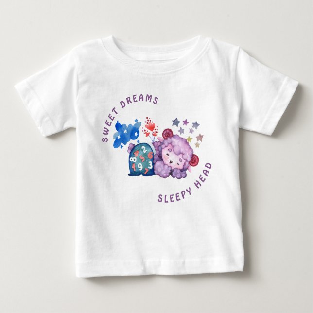 Camiseta Cute Cordeiro Sonhos Doces Cabeça Sonolenta Recém- (Frente)