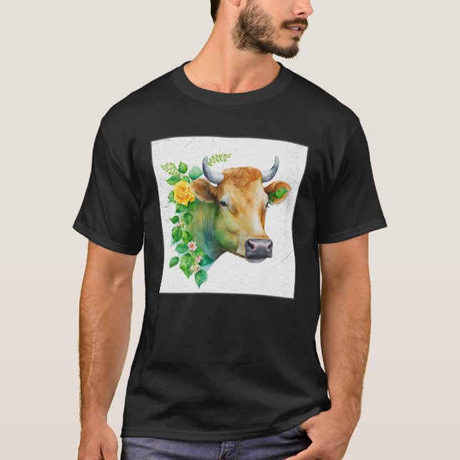 Camiseta Cute Cow Illustration Flowers Laefy Green Women Me (Frente)