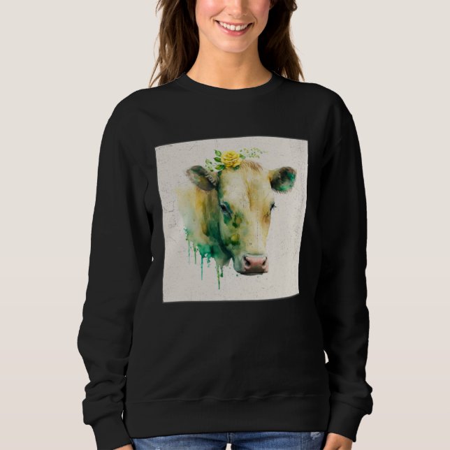Camiseta Cute Cow Illustration Flowers Laefy Green Women Me (Frente)
