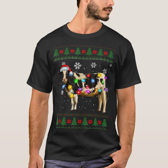 Camiseta Cute Cow Santa Christmas Lights Ugly Xmas Sweater  (Frente)