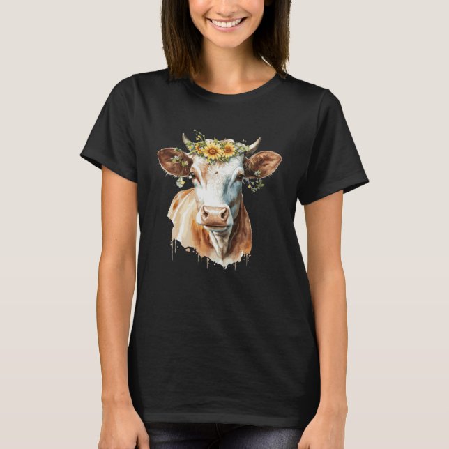 Camiseta Cute Cow Sunflower Watercolor Cattle Farm Animal (Frente)