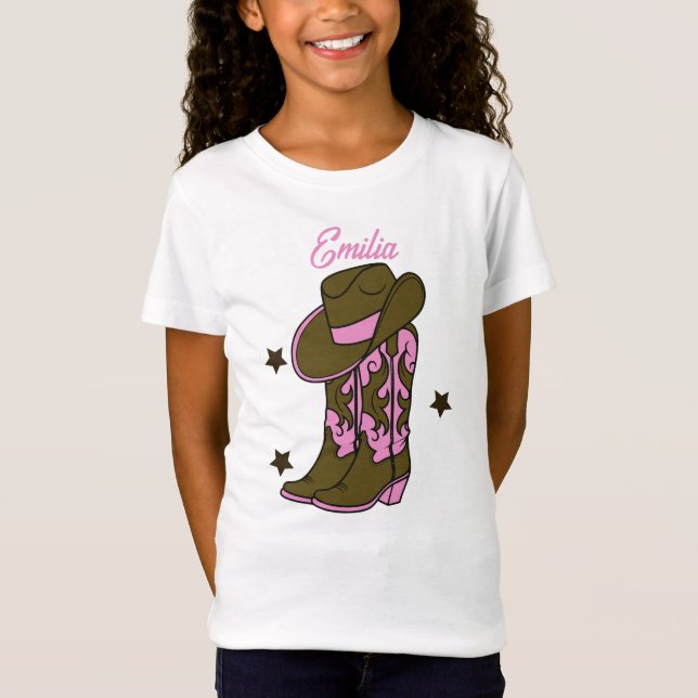 Camiseta Cute Cowboy Meninas Rosa Nome Castanho Rosa (Frente)
