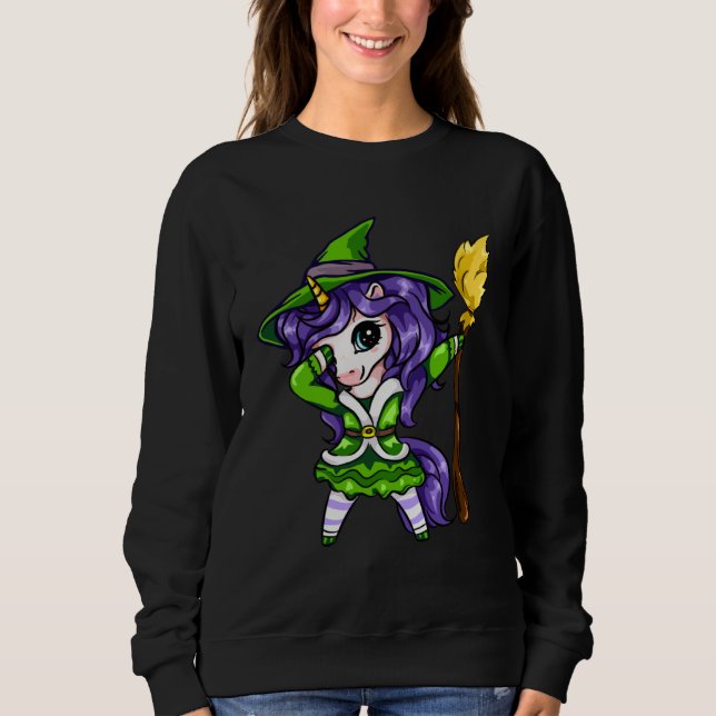 Camiseta Cute Dabbing Unicorn Girl Witch With Broom Hallowe (Frente)